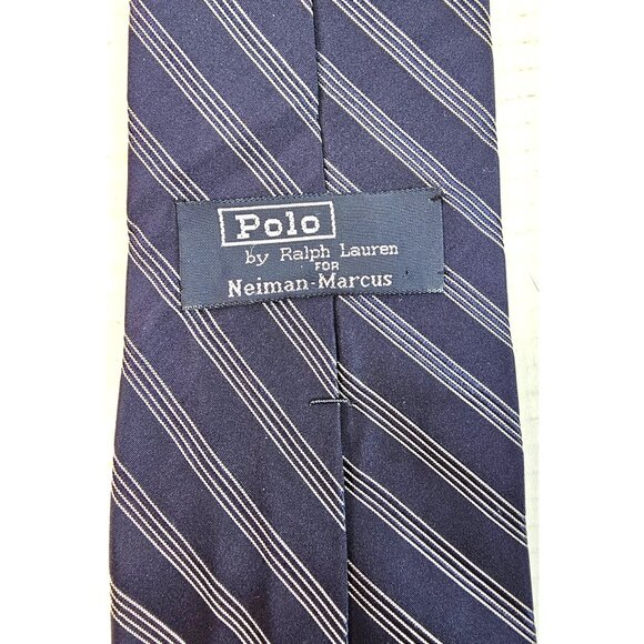 Polo By Ralph Lauren Navy Blue Striped Repp Silk Tie Made For Neiman Marcus USA - Picture 3 of 7